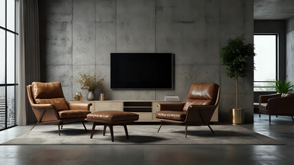 Mockup a TV wall mounted with leather armchair in living room with a concrete wall