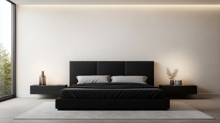 Modern Minimalist Bedroom with Elegant Black Bedframe, Soft Lighting, and Spacious Design Ideal for Contemporary Home Decor Inspiration