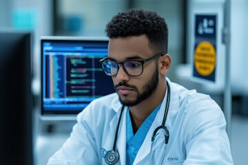 Young male doctor wearing glasses and a white lab coat, focused on a computer screen, analyzing medical data in a modern hospital setting with advanced technology