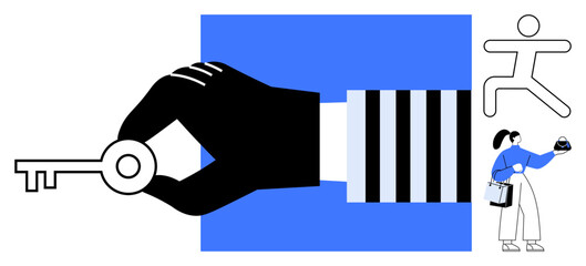 Businessmans hand holding a key, running figure, and shopper with coffee. Ideal for business solutions, opportunities, strategy, leadership, decision-making success personal growth. Abstract line