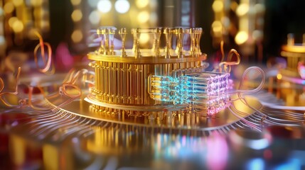 A digital representation of a quantum computer, with interconnected quantum gates and qubits visualized in a high-tech, holographic interface