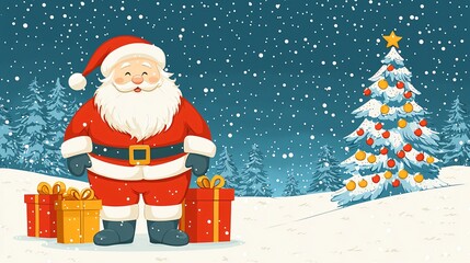 Jolly Santa Claus stands beside gifts, snowy Christmas tree, winter night.