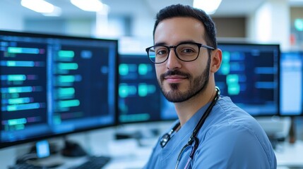 Fototapeta premium Young male healthcare professional with glasses wearing scrubs in a medical office setting, engaged with multiple computer screens and health data analysis