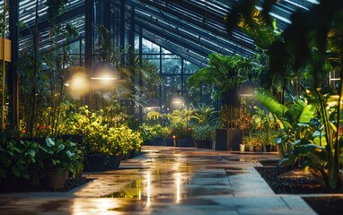 A modern greenhouse equipped with automated irrigation systems and sensors monitoring plant growth in real-time