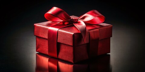 Obraz premium Dramatic Low-Light Red Gift Box with Shiny Ribbon on Black Background - Stock Photo