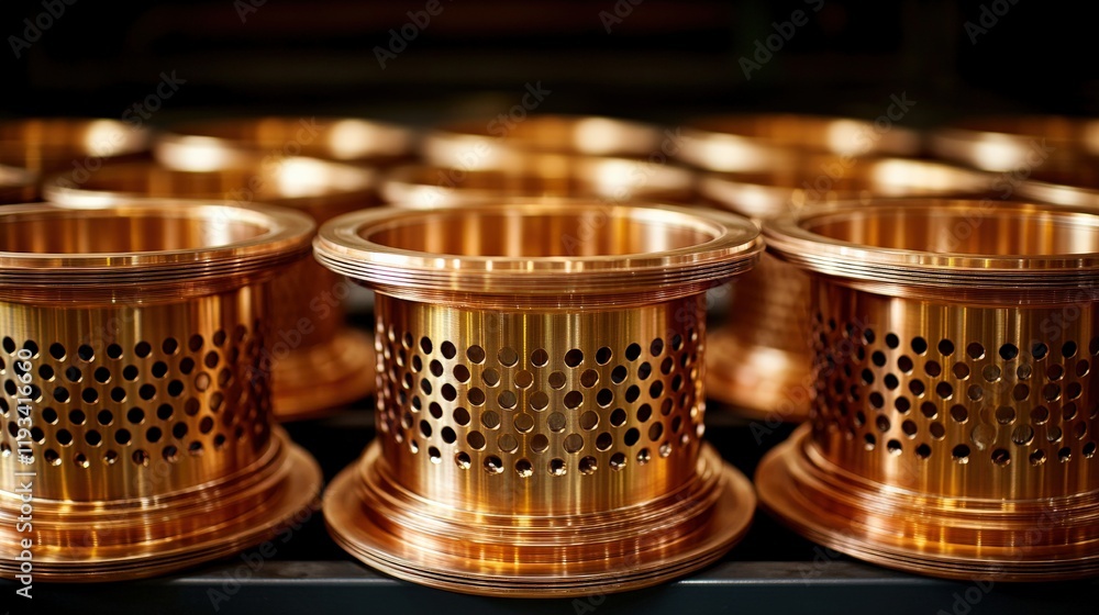 Aufkleber close-up view of polished copper components on a display table showcasing precision design and craft