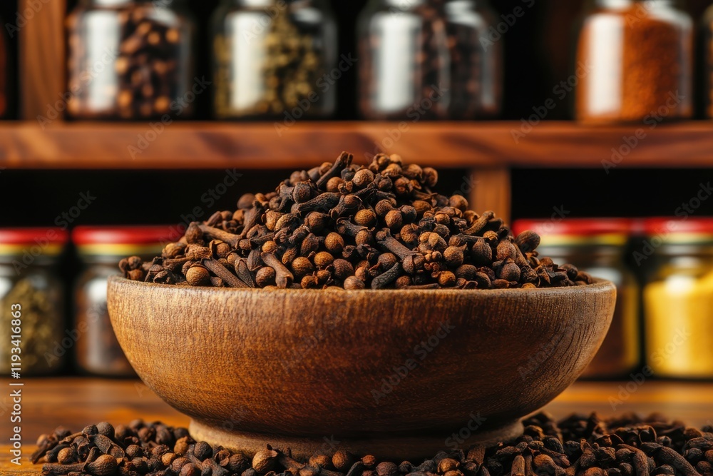 Poster close-up macro shot of a wooden bowl filled with aromatic spices surrounded by colorful spice jars o