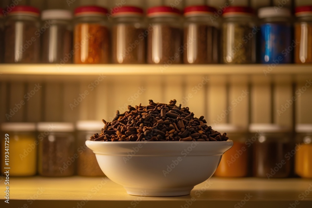 Poster close-up of richly textured spices in a white bowl illuminated by soft light with a background of co