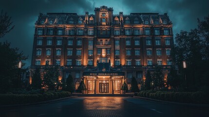 A majestic hotel building illuminated at night, highlighting its architectural grandeur and inviting entrance