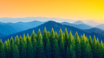 Fototapeta premium Majestic sunset over layered mountains and a row of evergreen trees.