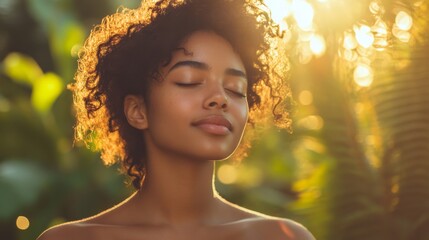 Fototapeta premium Serene Woman With Curly Hair Basking in Golden Sunlight