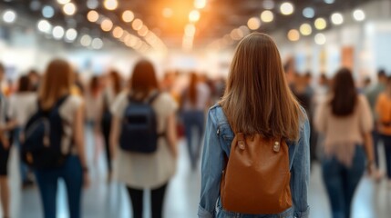 An abstract blurred scene of a trade show floor with exhibitors and visitors interacting under bright overhead lighting ideal for commercial activity themes