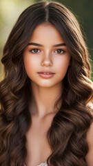 Fototapeta premium Portrait of a young woman with long, wavy hair in a natural outdoor setting during golden hour, showcasing soft features and a gentle expression