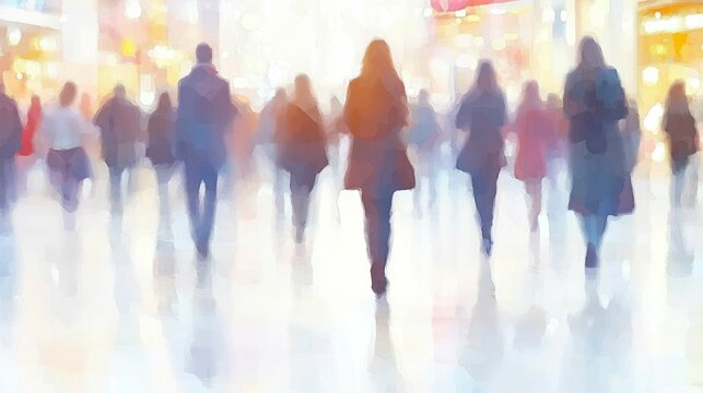 A softly blurred background of a commercial exhibition hall with colorful displays and silhouettes of people networking ideal for event promotion and business themes