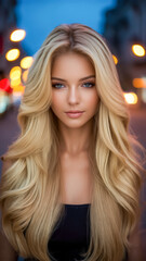 Fototapeta premium Stunning young woman with long blonde hair poses confidently in a bustling city street during twilight, illuminated by warm streetlights and vibrant reflections