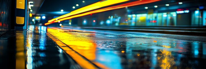 Blurred City Lights Reflections On Wet Pavement At Night With Charge Point Banner. For Your Text.