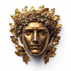 A detailed close-up of a gold statue depicting a man adorned with a leafy crown, showcasing intricate craftsmanship and artistic beauty.