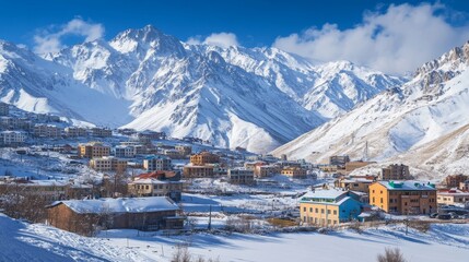Picturesque ski resort in the early morning of winter. Snow-covered slopes, clear blue skies, and panoramic views of the Caucasus Mountains' Mount Shahdagh in Azerbaijan.