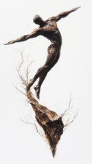 Fototapeta premium A drawing showcases a solitary man standing on a cliff beside a tree, evoking a sense of contemplation and connection with nature.