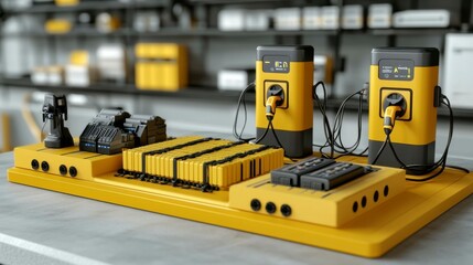 A 3D diagram of a battery supply chain with batteries, charging stations, and energy sources, showing how power is stored, transferred, and distributed in an efficient and sustainable energy system.