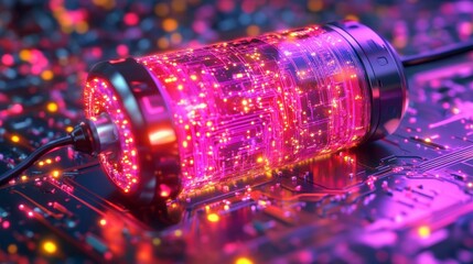 A digital hologram of a futuristic battery charging, set against a sleek, technological background with circuit patterns, representing the cutting-edge progress in energy solutions and technological