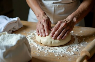 Fototapeta premium the cook's hands knead the dough. 