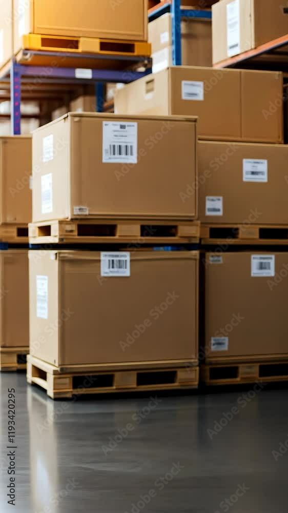 Poster in a spacious warehouse, cardboard boxes are neatly stacked on pallets, showcasing an organized spac