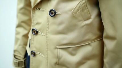 A classic trench coat in camel, with structured shoulders and double-breasted buttons, paired with dark jeans and tall boots, offering timeless sophistication in any season.