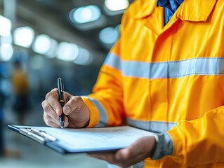 Worker performing safety inspection industrial facility documentation well-lit environment close-up view safety compliance