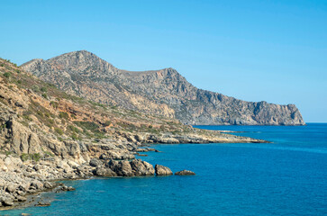 Fototapeta premium Wild rocky shore of southern Crete on Libyan sea , Greece