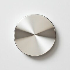 A detailed close-up view of a metallic button resting on a smooth white surface, highlighting texture and reflection in a minimalist setting.
