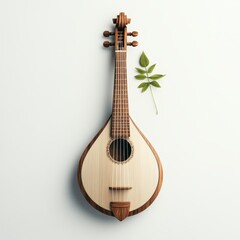 A small guitar featuring a delicate leaf placed atop it, blending musical artistry with nature's beauty.