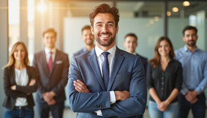 Businessman standing confidently with a team in background