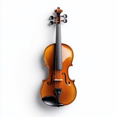 Fototapeta premium A finely crafted violin is showcased on a white background, accompanied by a bow and a bow rest, highlighting its elegance and artistry.