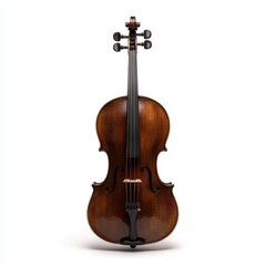 Fototapeta premium A detailed close-up of a violin showcases its elegant curves and fine craftsmanship against a pristine white background.
