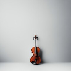 A detailed close-up of a violin resting on a white surface, contrasted against a soft gray wall, highlighting its craftsmanship and elegance.