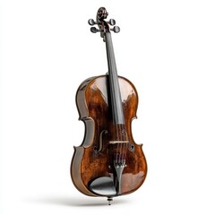 Fototapeta premium A detailed close-up of a violin resting on a stand, showcasing its intricate design and craftsmanship against a clean white background.