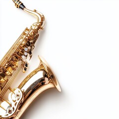 Fototapeta premium A saxophone rests elegantly on a clean white surface, showcasing its shiny brass finish and intricate design features.