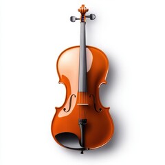 Fototapeta premium A detailed close-up of a violin resting on a white background, accompanied by a bow, showcasing its elegant craftsmanship and design features.