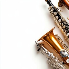 Obraz premium Three saxophones arranged side by side, showcasing their distinctive shapes and finishes, highlighting the elegance of these musical instruments.