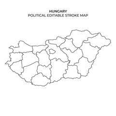 Editable stroke map of Hungary showing political boundaries