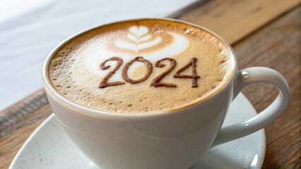 2024 Latte Art Cappuccino Cup with New Year's Design, Coffee, New Year, 2024 New Year, Coffee Art