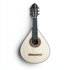 A detailed view of a guitar resting on a clean white surface, showcasing its design against a...