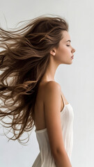 Naklejka premium Model with flowing hair stands gracefully against a light background, showcasing the elegance and beauty of natural movement in a serene environment during a photoshoot
