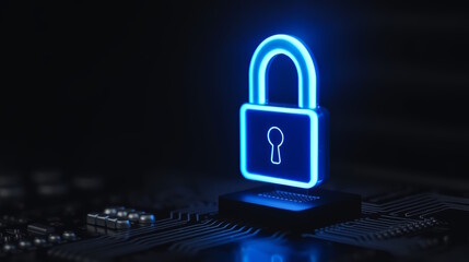 glowing blue lock icon on digital circuit board background, future technology, digital security.
