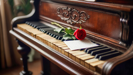 A single red rose rests on an antique piano next to a handwritten note, creating a romantic atmosphere in the softly lit room, evoking emotions of nostalgia and love