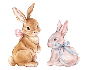 Watercolor cute red hare with bow. Drawing of bunny in pastel warm and beige colors. Hand drawn illustration rabbit on isolated background. For childish shower greeting cards or kids invitations