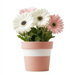 Fototapeta premium Three vibrant flowers bloom in a charming pink and white pot, showcasing their beauty and adding a touch of nature to the setting.