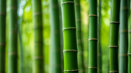Fototapeta premium Tall green bamboo stalks create a serene, lush environment filled with vibrant greenery under natural sunlight in a tranquil setting