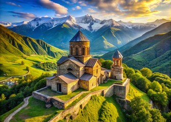 Fototapeta premium Drone View: Georgian Church nestled in Green Caucasus Mountains